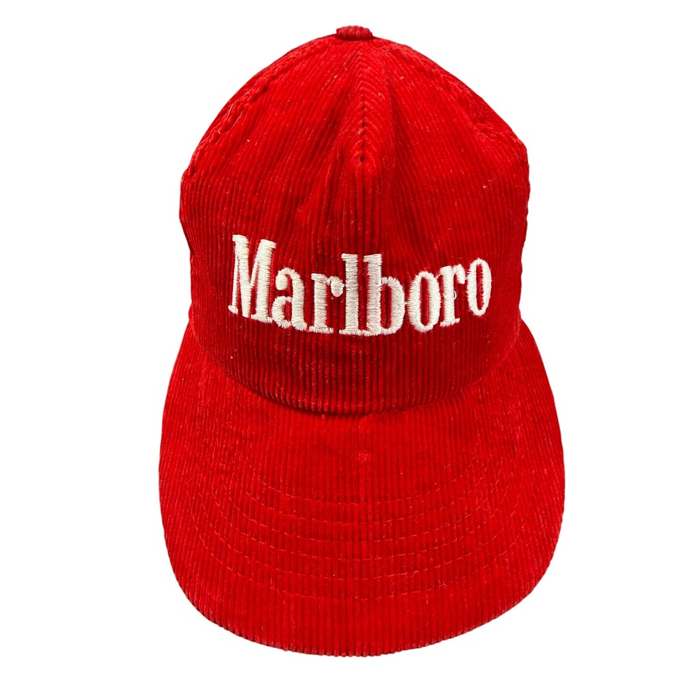 Vintage Marlboro Red Corduroy Snapback Hat Trucker Cap Embroidered Logo 90s